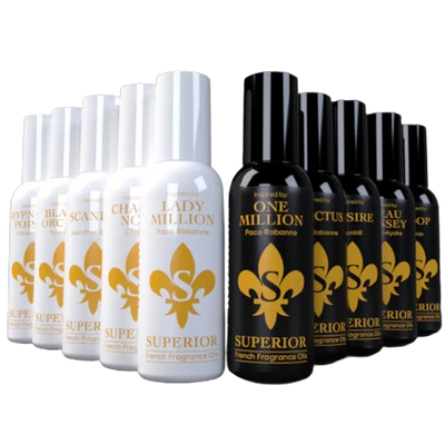 Set of white and black bottles with 'Superior' branding on a white background