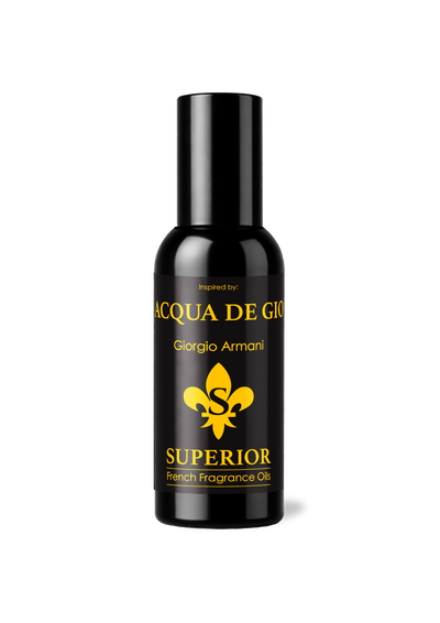 Black bottle of Acqua de GioSuperior French Fragrance Oil on a white background