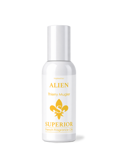 White bottle of 'Alien' perfume with gold text and logo on a white background