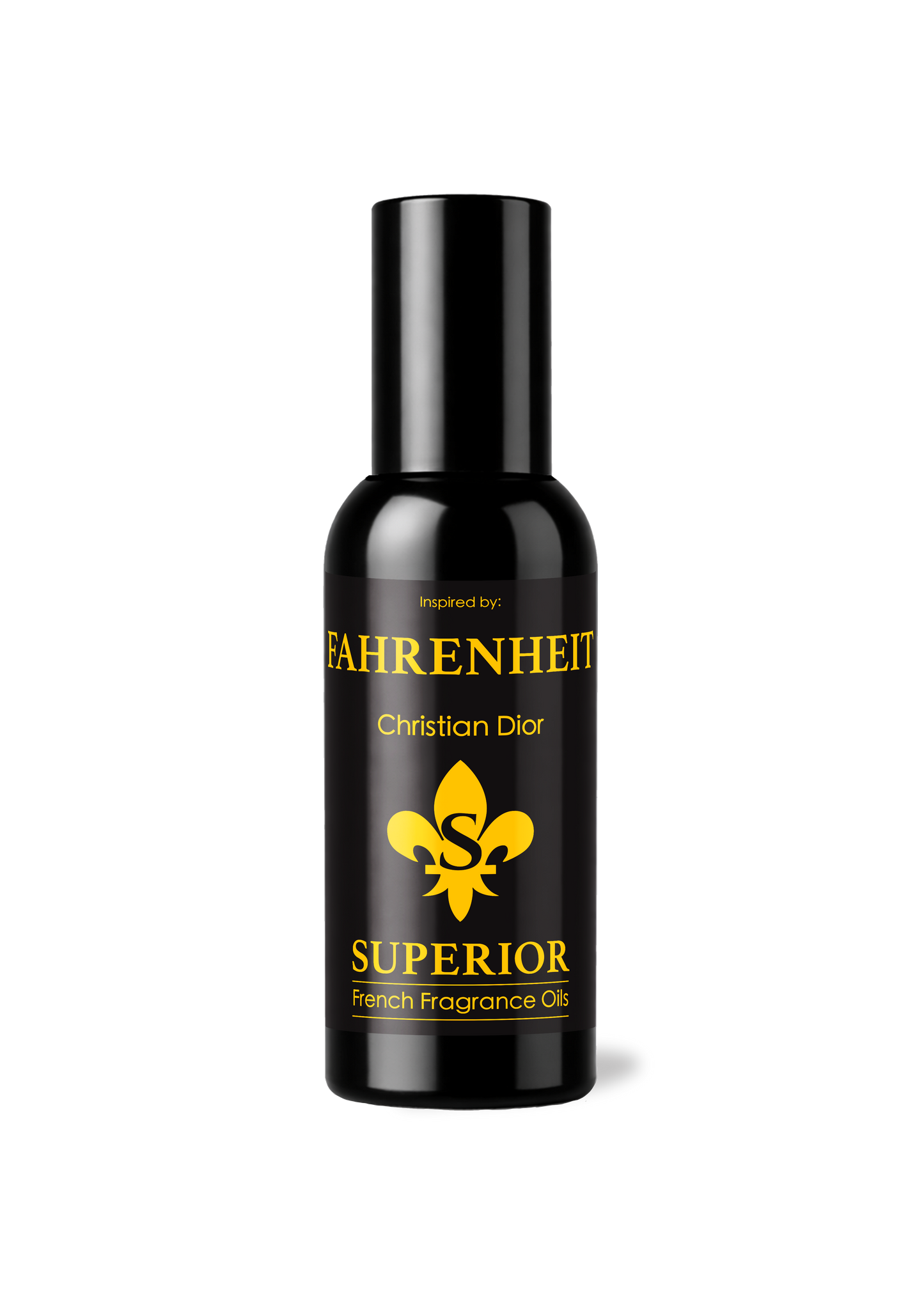 Black bottle of Fahrenheit Superior French Fragrance Oil on a white background