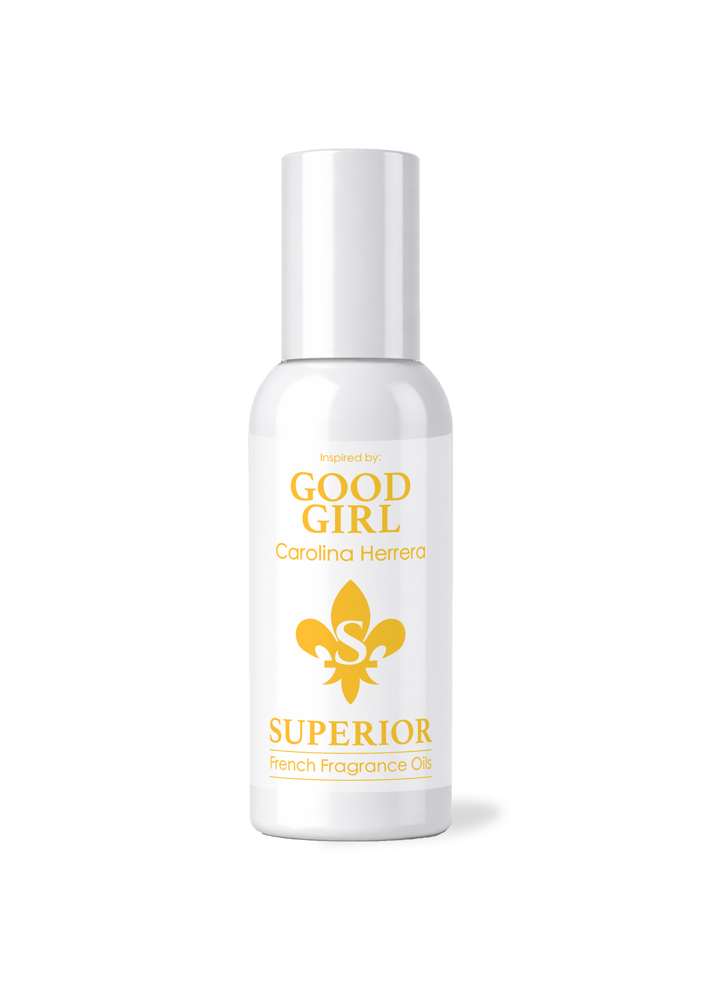 White bottle of 'Good Girl Superior' fragrance oil with a yellow logo on a white background
