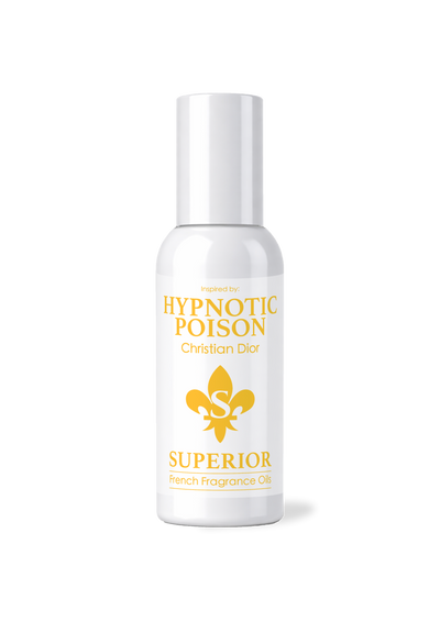 White bottle of 'Hypnotic Poison' perfume with gold text and logo on a white background