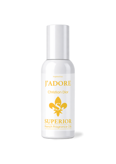 White bottle of 'J`adore' perfume with gold text and logo on a white background