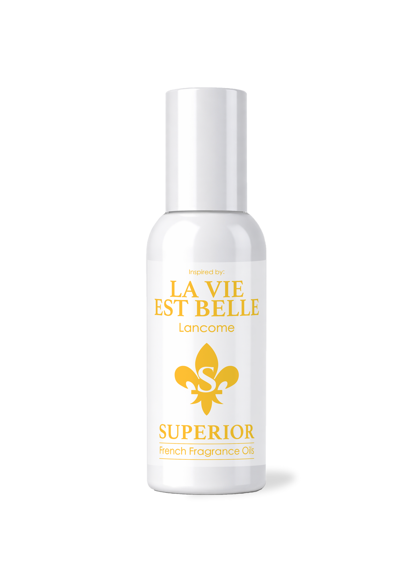 White bottle of 'La Vie Est Belle' perfume with gold text and logo on a white background
