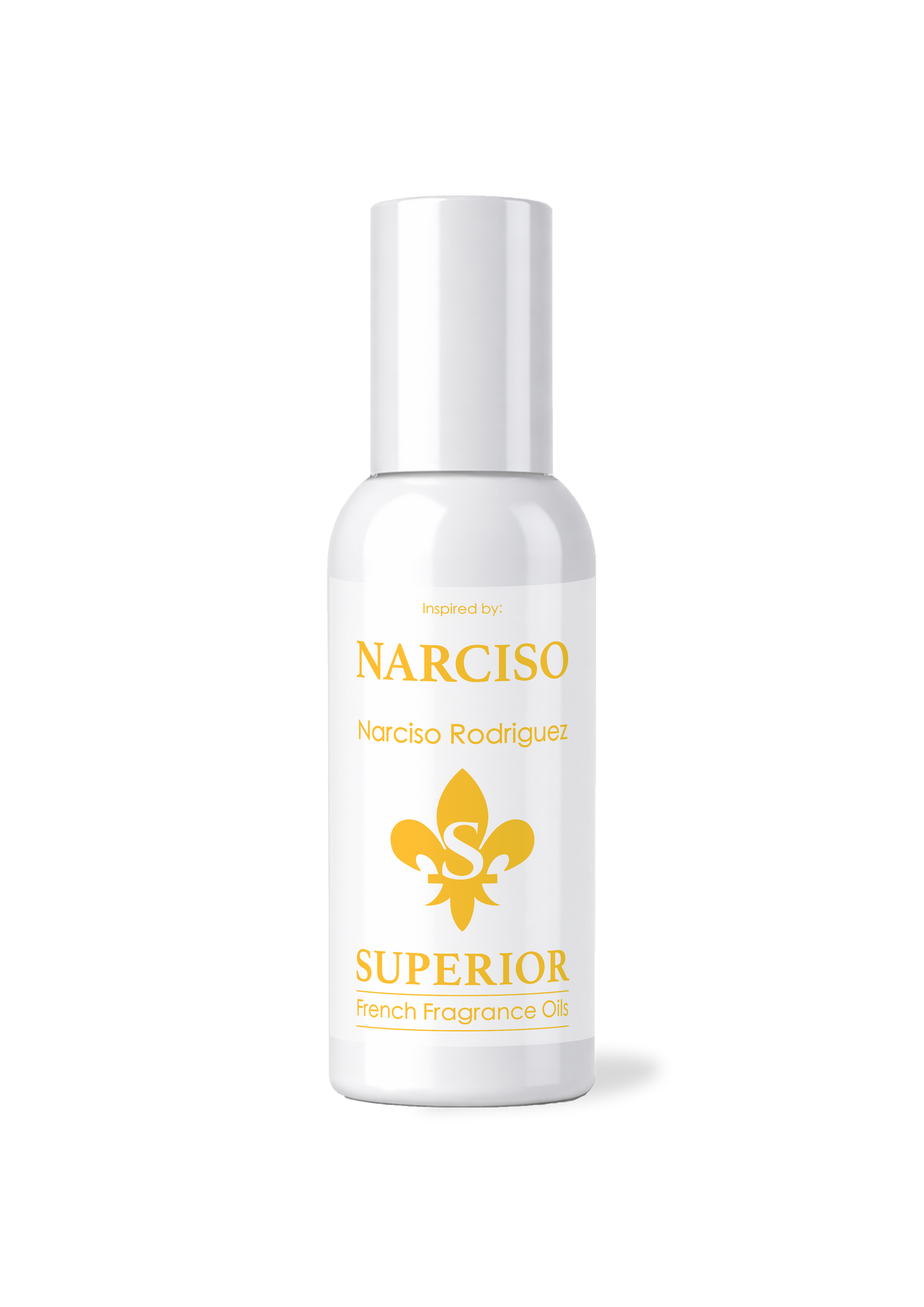 White bottle of 'Narcisso" perfume with gold text and logo on a white background