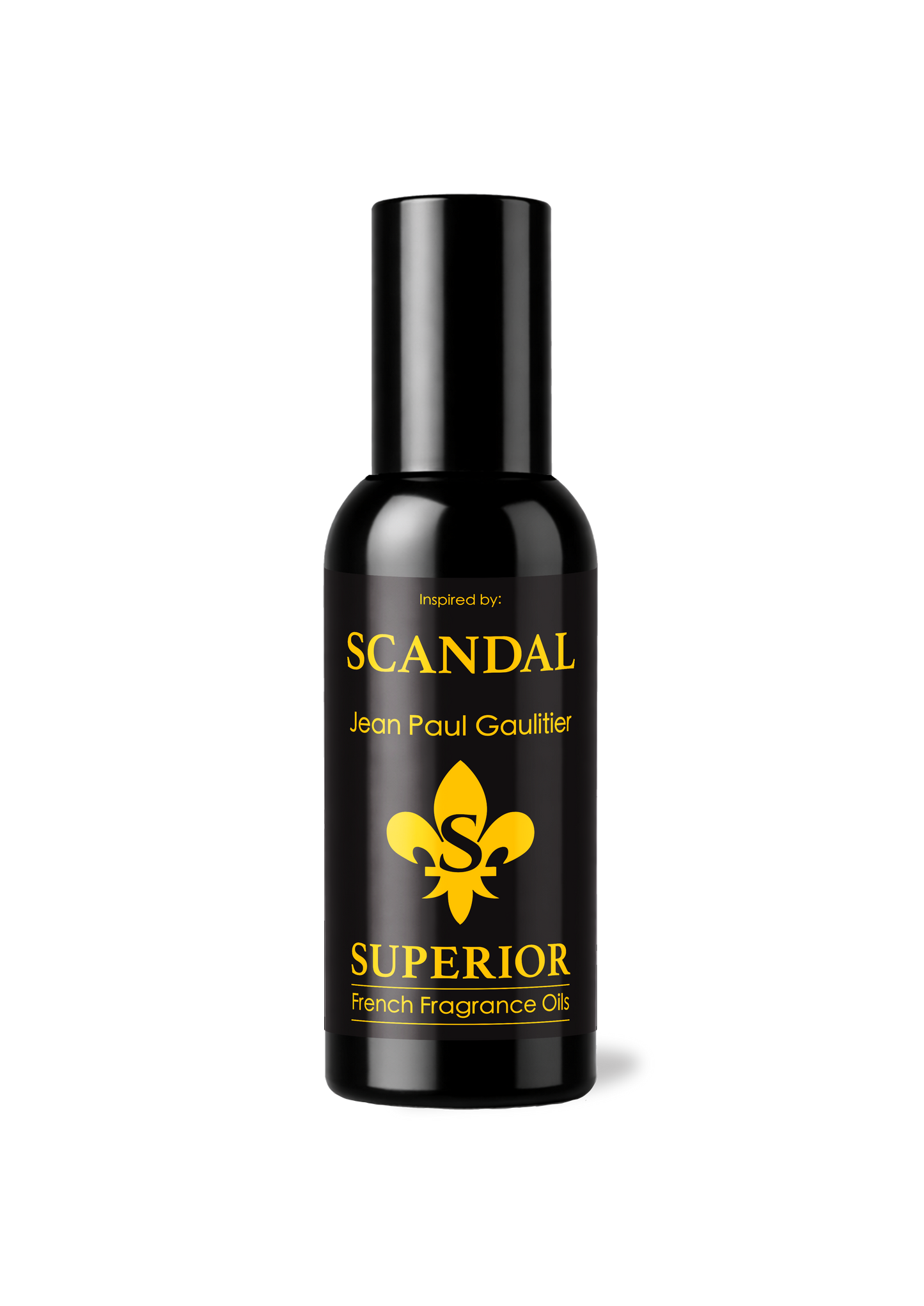 Black bottle of Scandal Superior French Fragrance Oil on a white background
