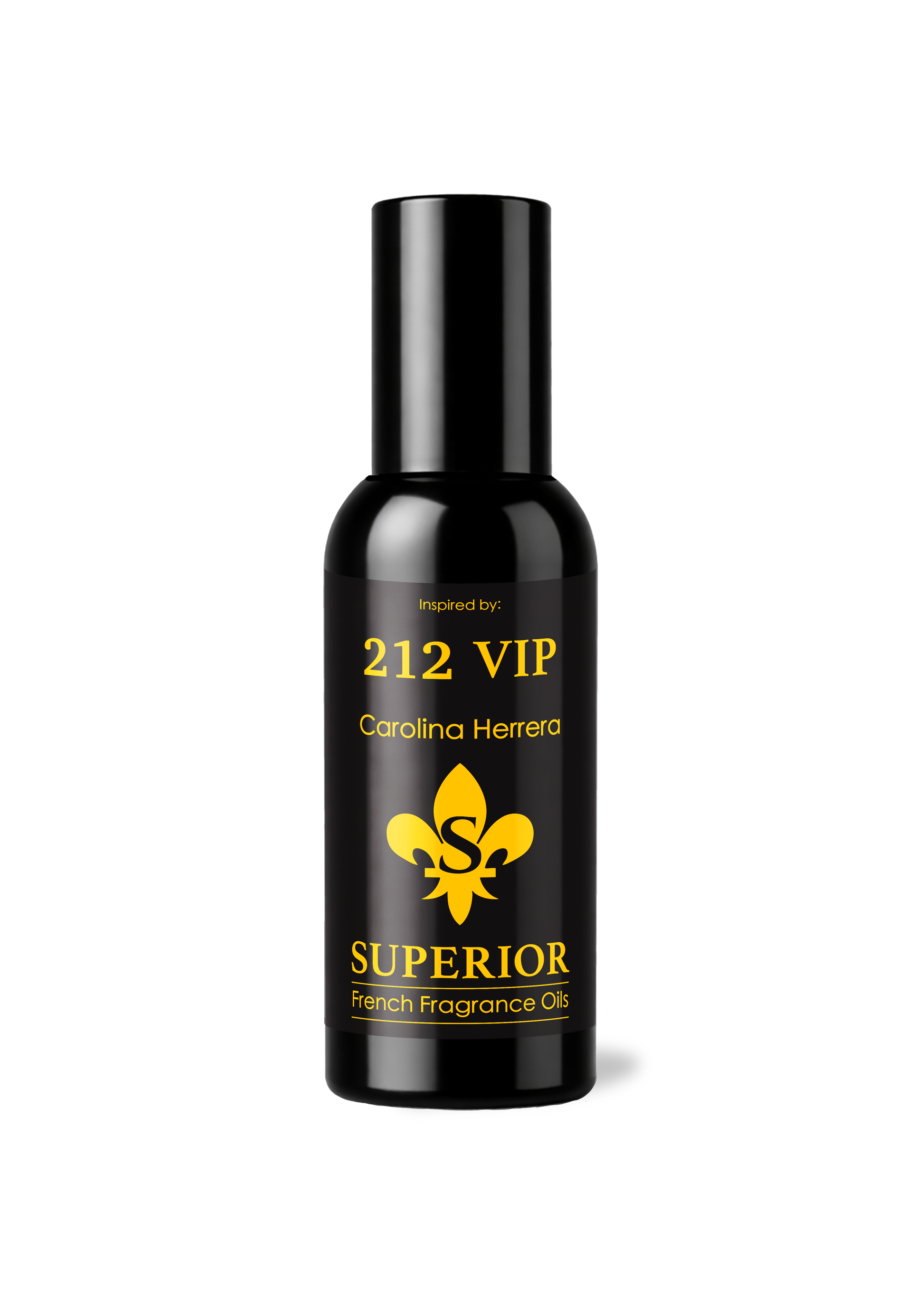 Black bottle of Carolina Herrera 212 VIP Superior French Fragrance Oil on a white background