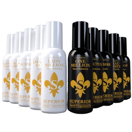 Set of white and black bottles with 'Superior' branding on a white background