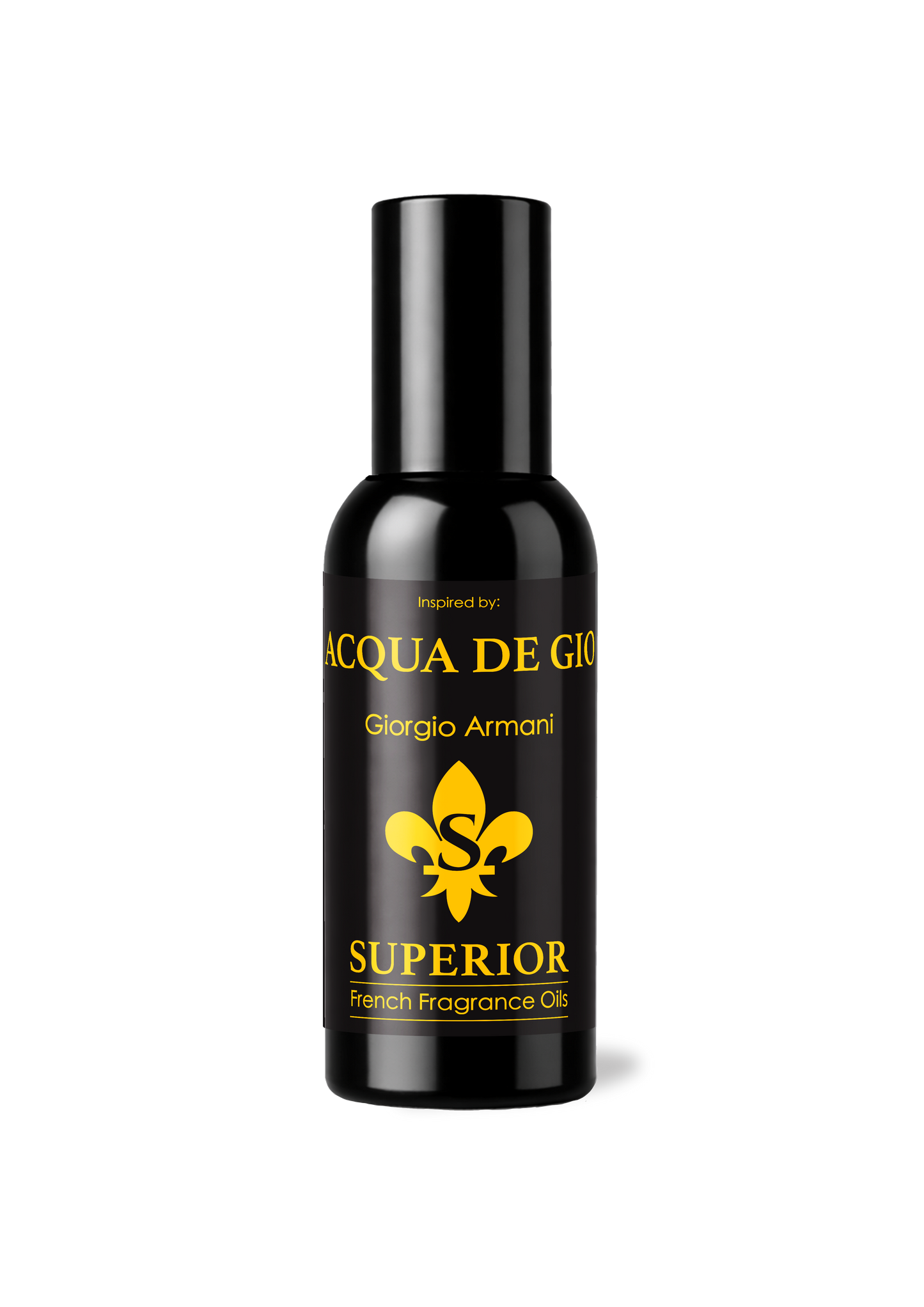 Black bottle of Acqua de GioSuperior French Fragrance Oil on a white background