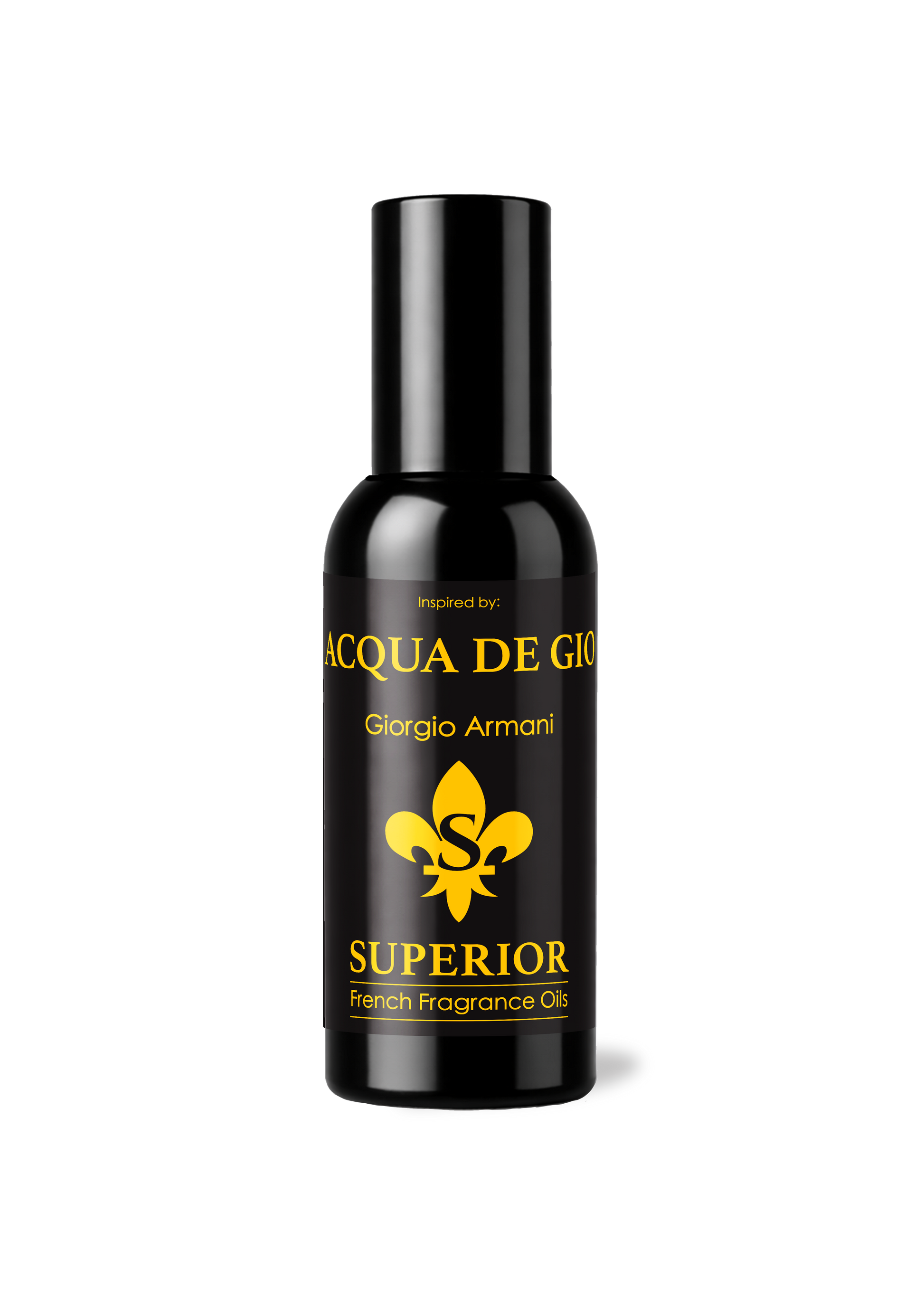 Black bottle of Acqua de GioSuperior French Fragrance Oil on a white background