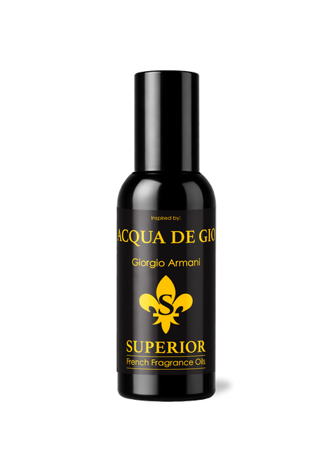 Black bottle of Acqua de GioSuperior French Fragrance Oil on a white background