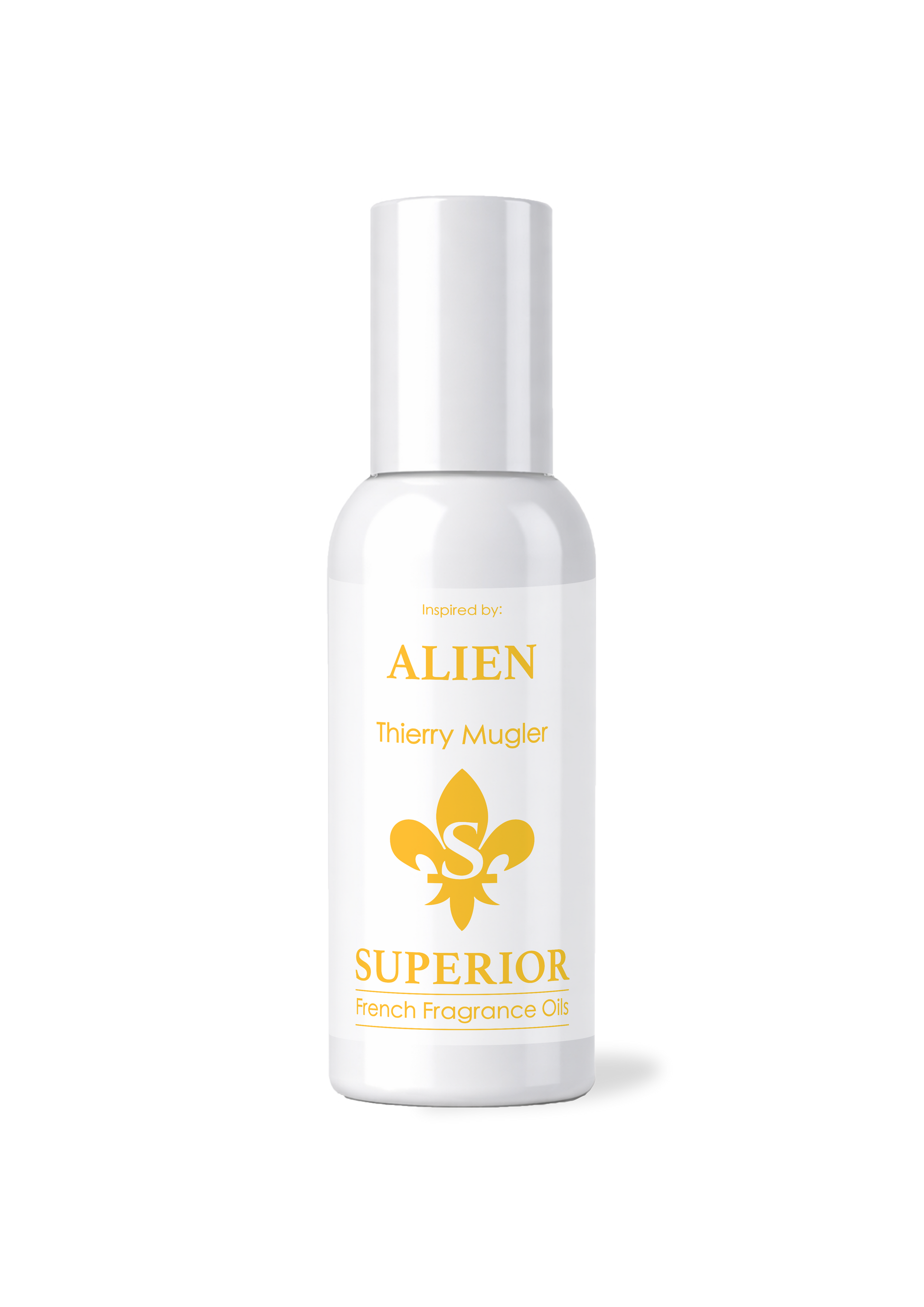 White bottle of 'Alien' perfume with gold text and logo on a white background
