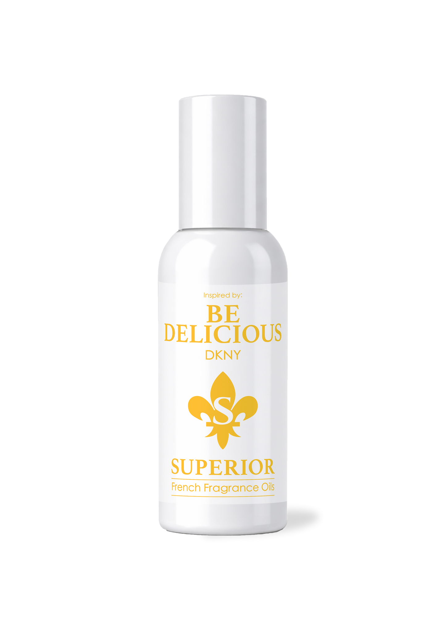 White bottle of 'Be Delicious' perfume with gold text and logo on a white background
