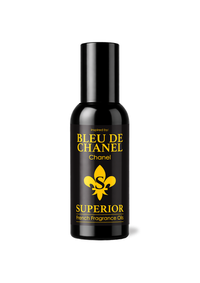 Bottle of Bleu de Chanel Superior French Fragrance Oil on a white background