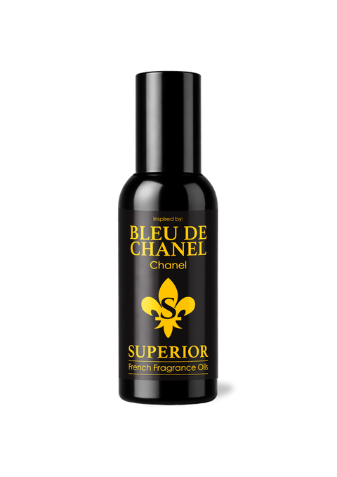 Bottle of Bleu de Chanel Superior French Fragrance Oil on a white background