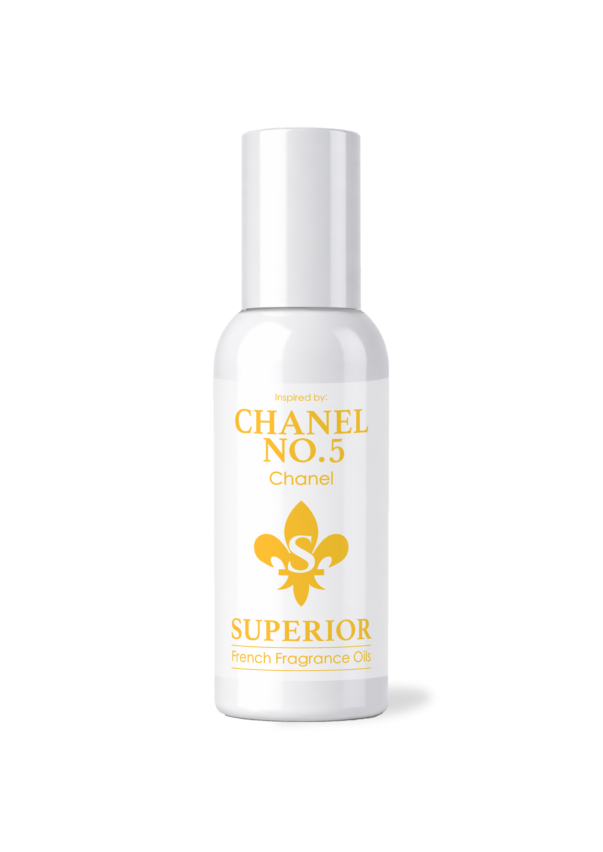 White bottle of 'Chanel no 5' perfume with gold text and logo on a white background