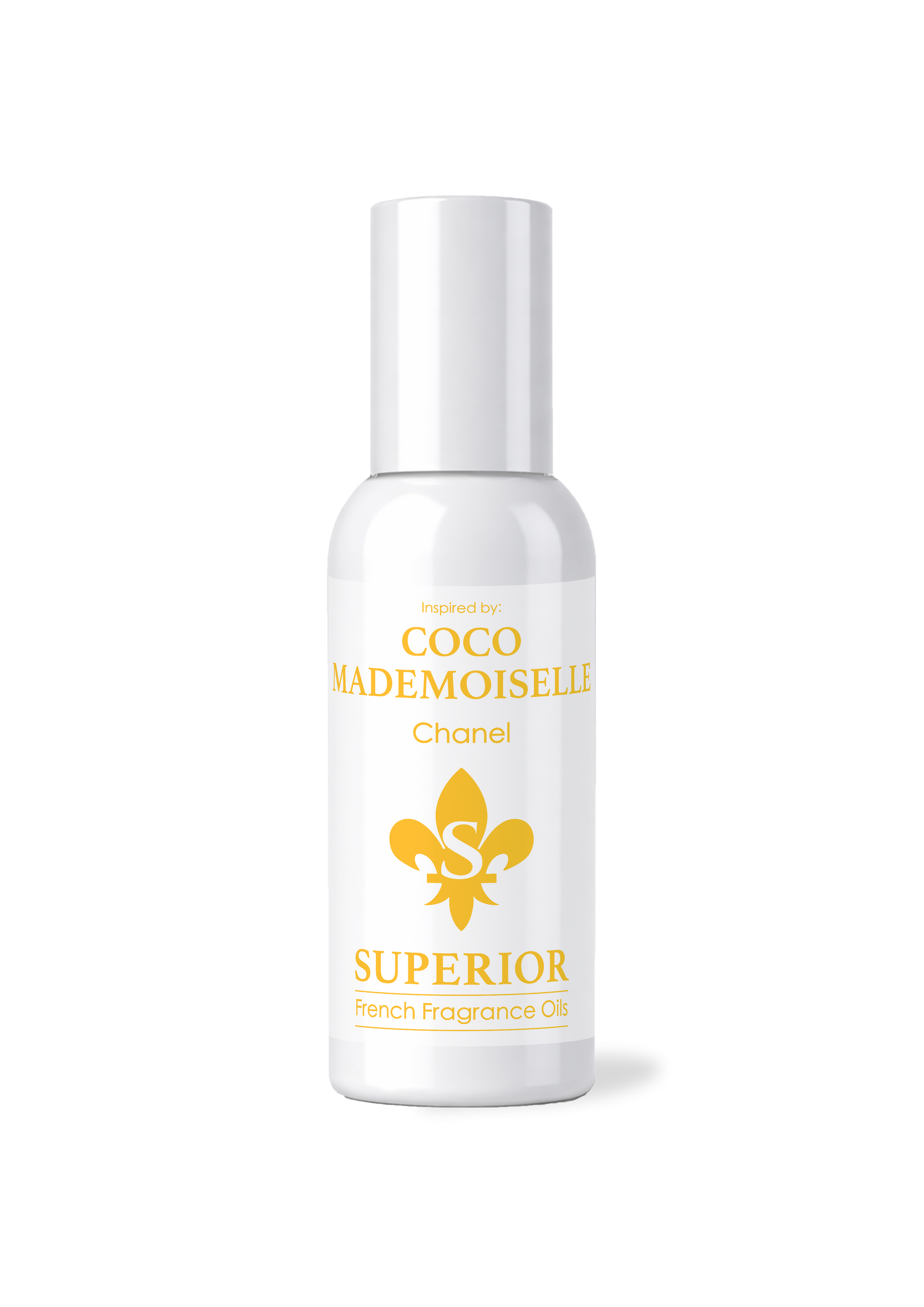 White bottle of 'Coco Mademoiselle' perfume with gold text and logo on a white background