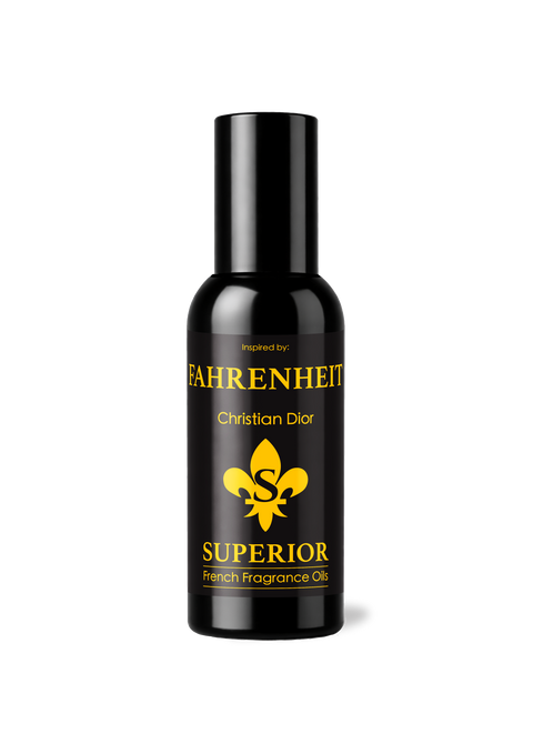 Black bottle of Fahrenheit Superior French Fragrance Oil on a white background