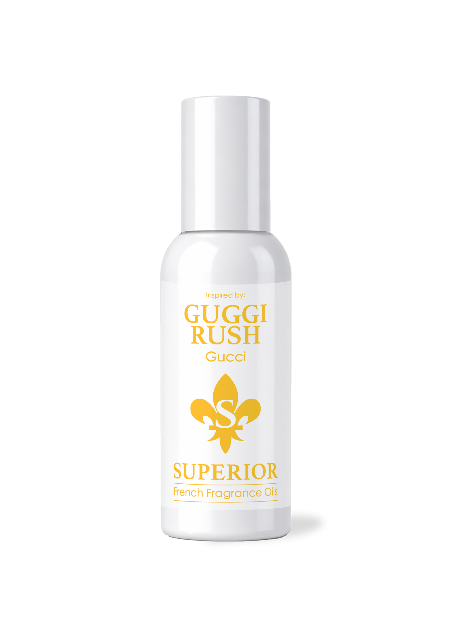White bottle of'Gucci Rush' perfume with gold text and logo on a white background