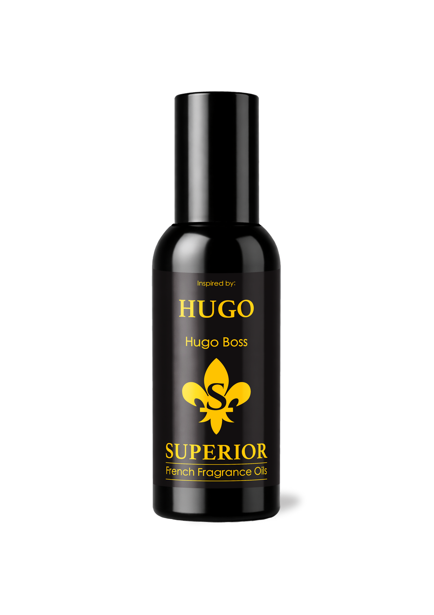 Black bottle of Hugo Superior French Fragrance Oil on a white background