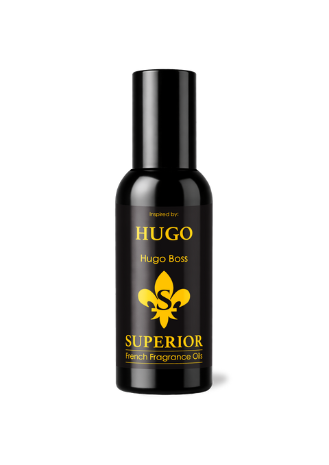Black bottle of Hugo Superior French Fragrance Oil on a white background
