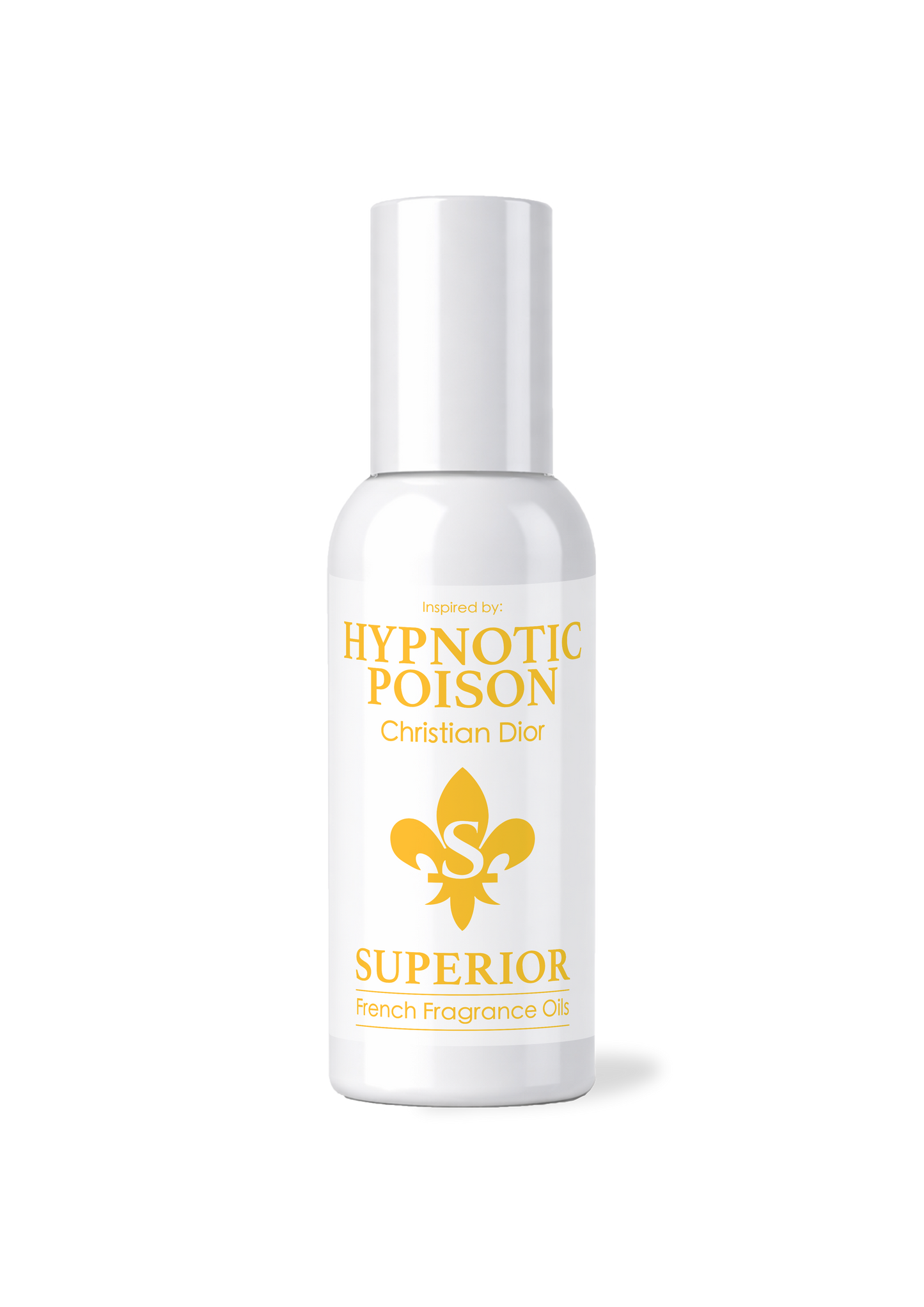 White bottle of 'Hypnotic Poison' perfume with gold text and logo on a white background