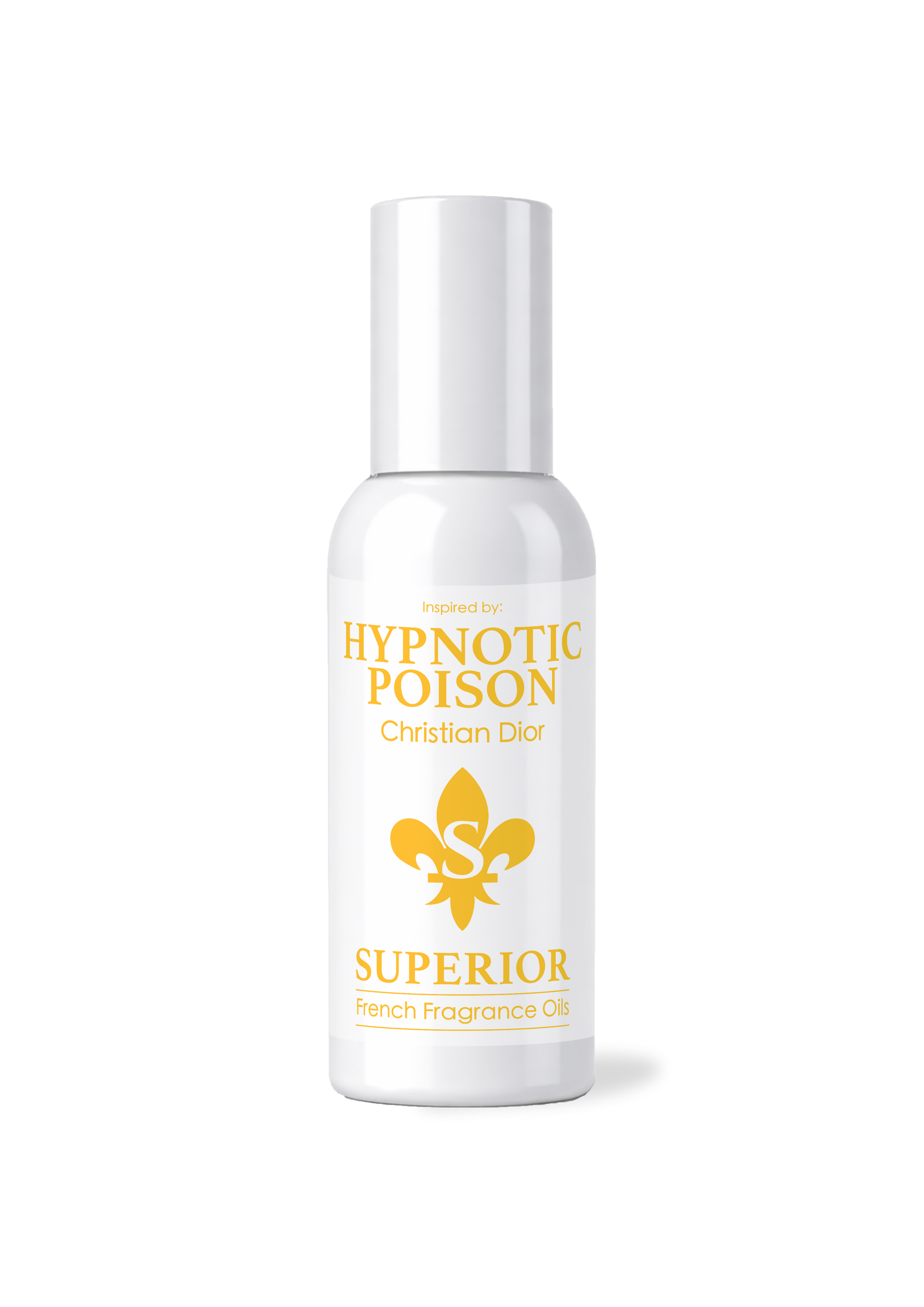 White bottle of 'Hypnotic Poison' perfume with gold text and logo on a white background