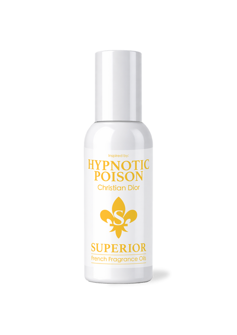 White bottle of 'Hypnotic Poison' perfume with gold text and logo on a white background