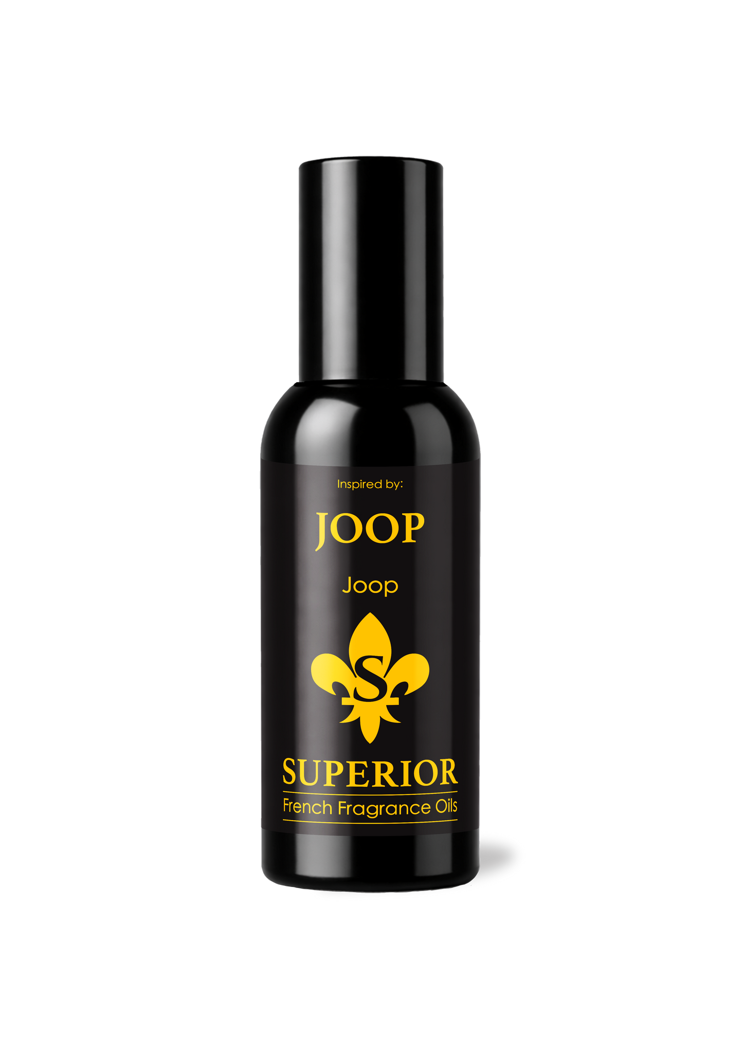 Black bottle of Joop Superior French Fragrance Oil on a white background