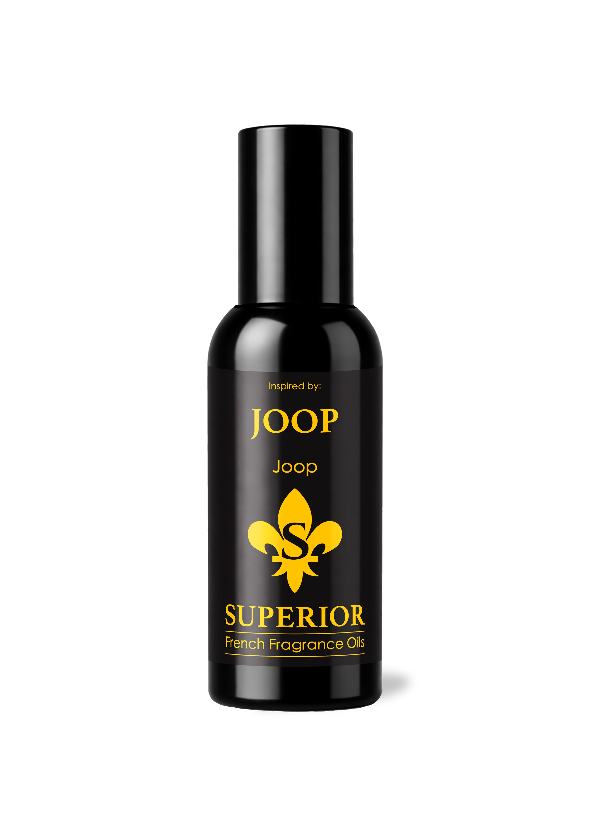 Black bottle of Joop Superior French Fragrance Oil on a white background