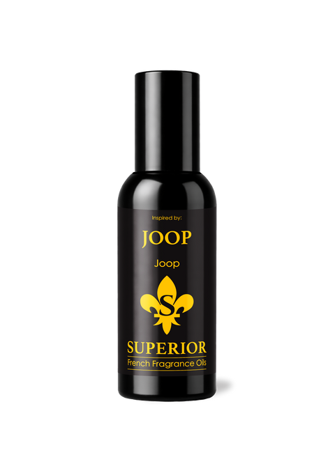 Black bottle of Joop Superior French Fragrance Oil on a white background