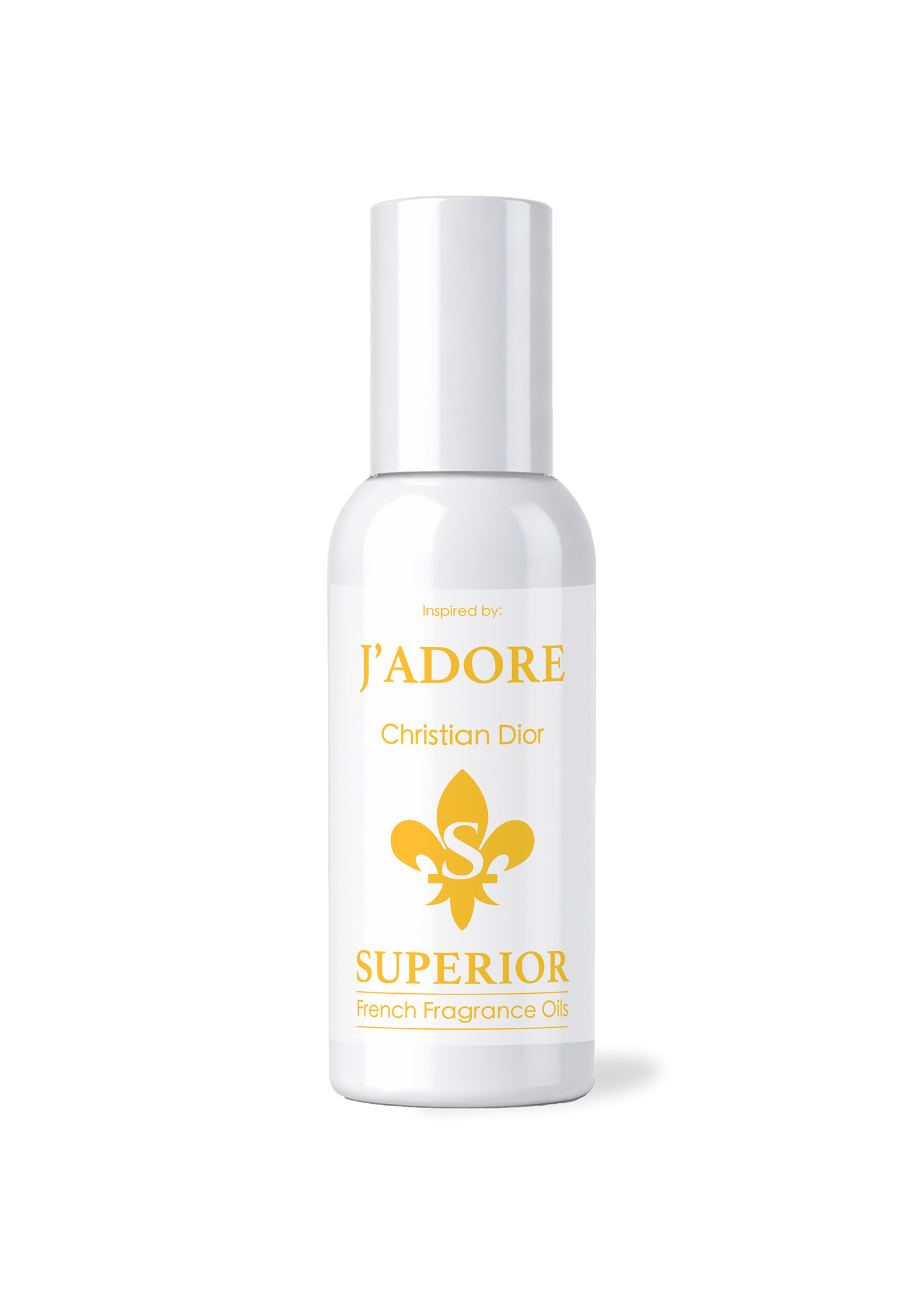 White bottle of 'J`adore' perfume with gold text and logo on a white background
