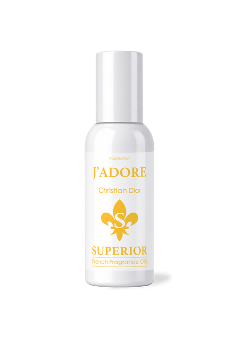 White bottle of 'J`adore' perfume with gold text and logo on a white background