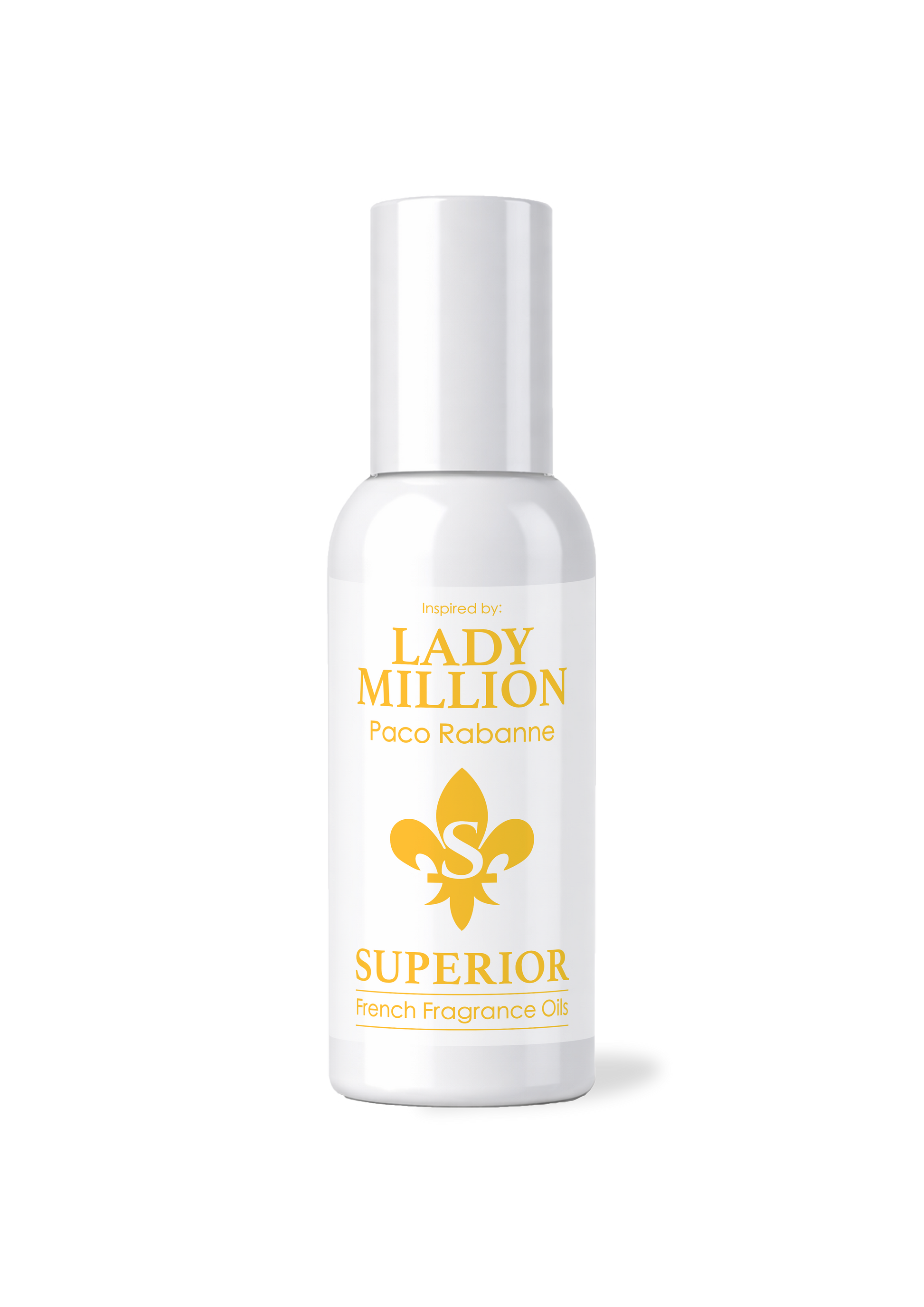 White bottle of Lady Million perfume with yellow text and logo on a white background