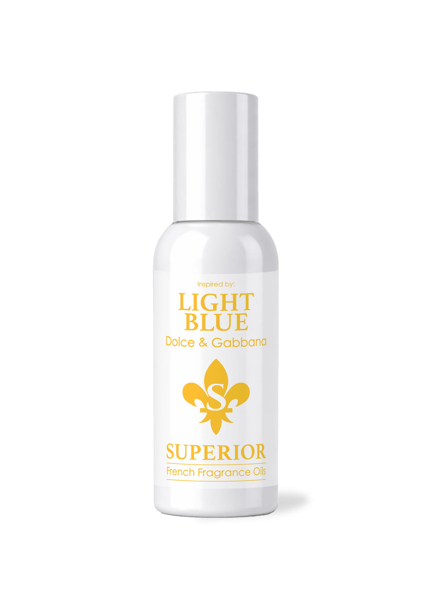 White bottle of 'Light Blue'' perfume with gold text and logo on a white background