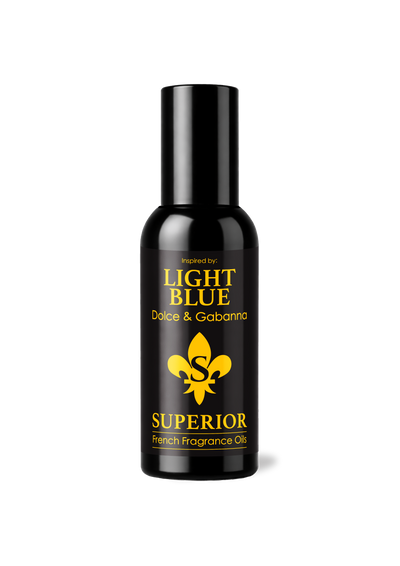 Black bottle of Light Blue Superior French Fragrance Oil on a white background