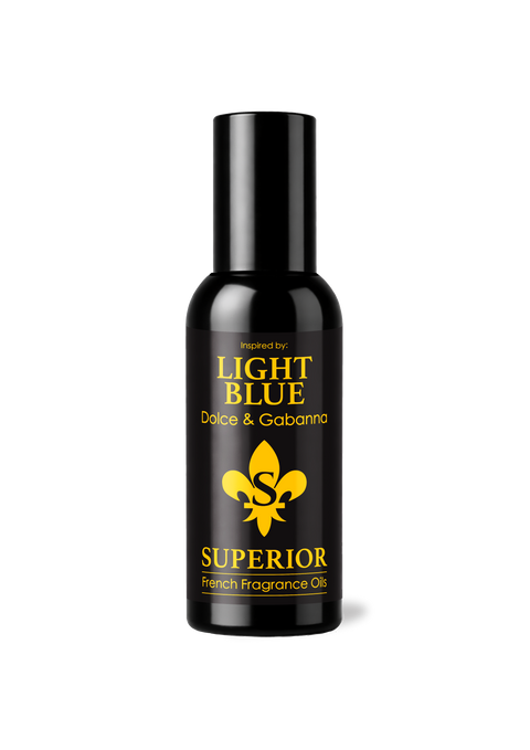 Black bottle of Light Blue Superior French Fragrance Oil on a white background