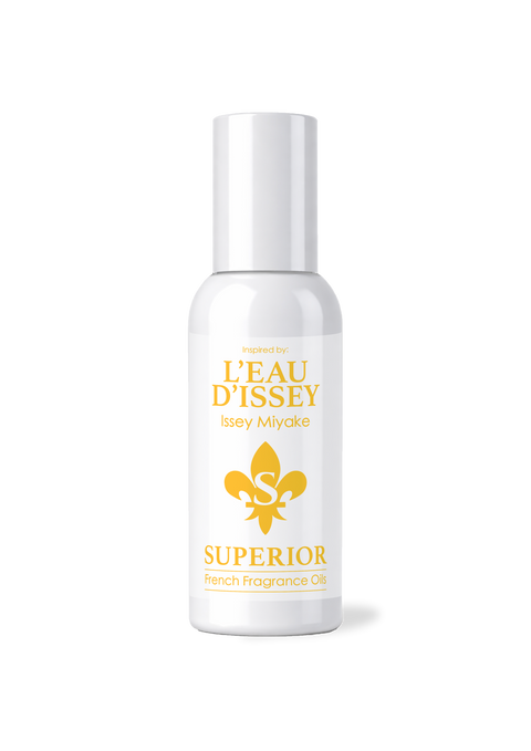 White bottle of ' L`eat D`issey' perfume with gold text and logo on a white background