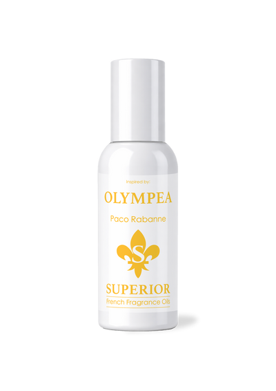 White bottle of 'Olympea' perfume with gold text and logo on a white background