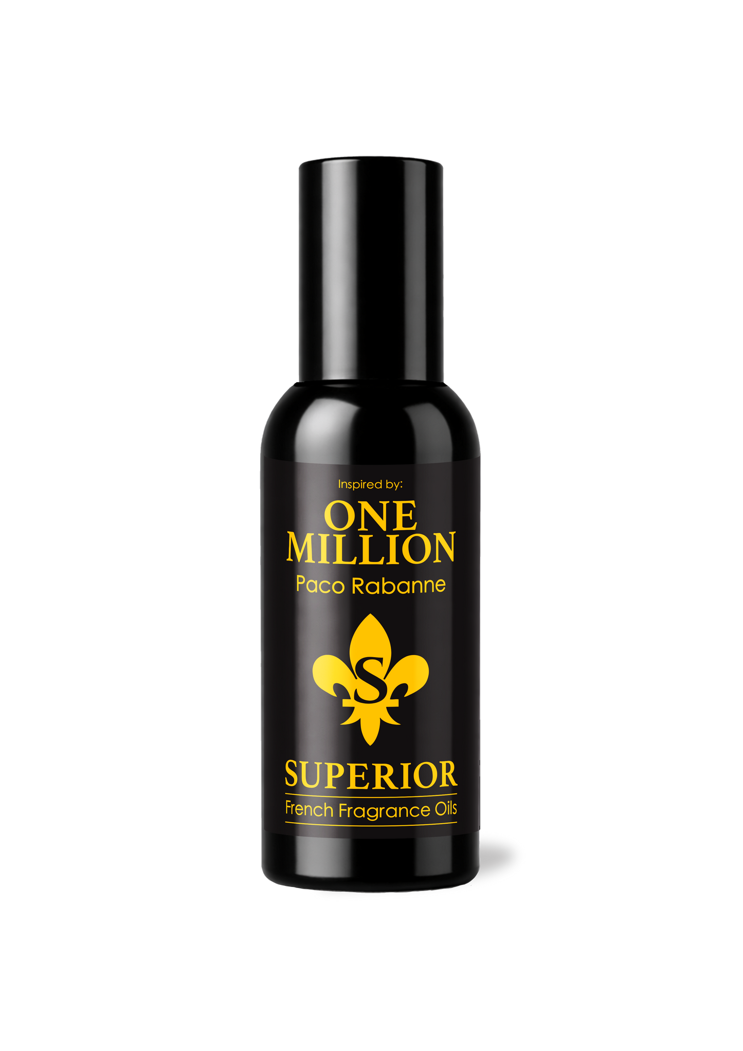 Black bottle of Paco Rabanne One Million Superior French Fragrance Oil on a white background