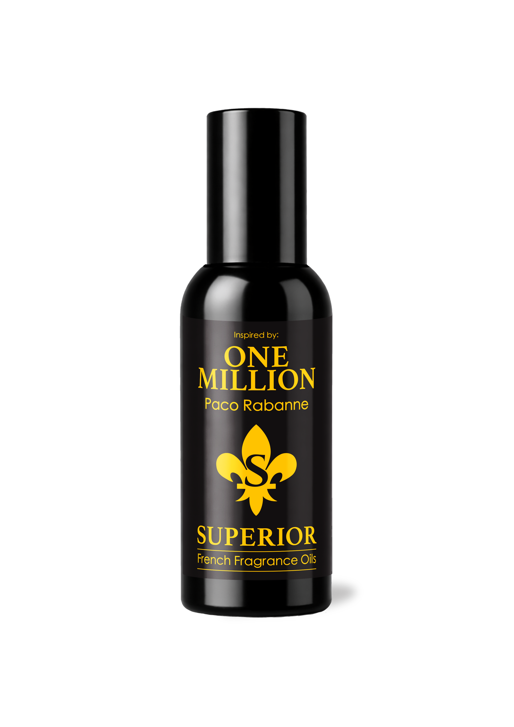 Black bottle of Paco Rabanne One Million Superior French Fragrance Oil on a white background
