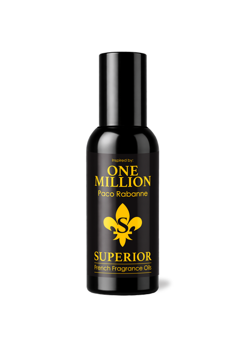 Black bottle of Paco Rabanne One Million Superior French Fragrance Oil on a white background