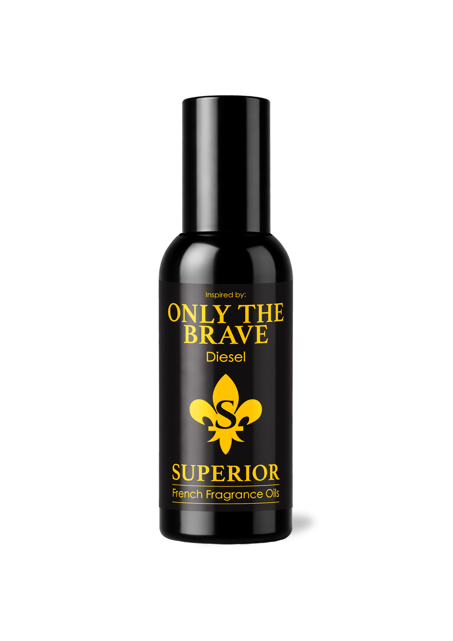 Black bottle of Only the Brave Superior French Fragrance Oil on a white background