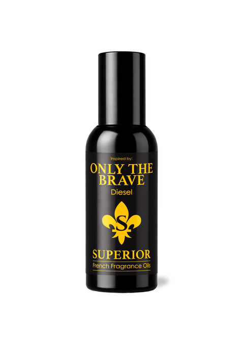 Black bottle of Only the Brave Superior French Fragrance Oil on a white background