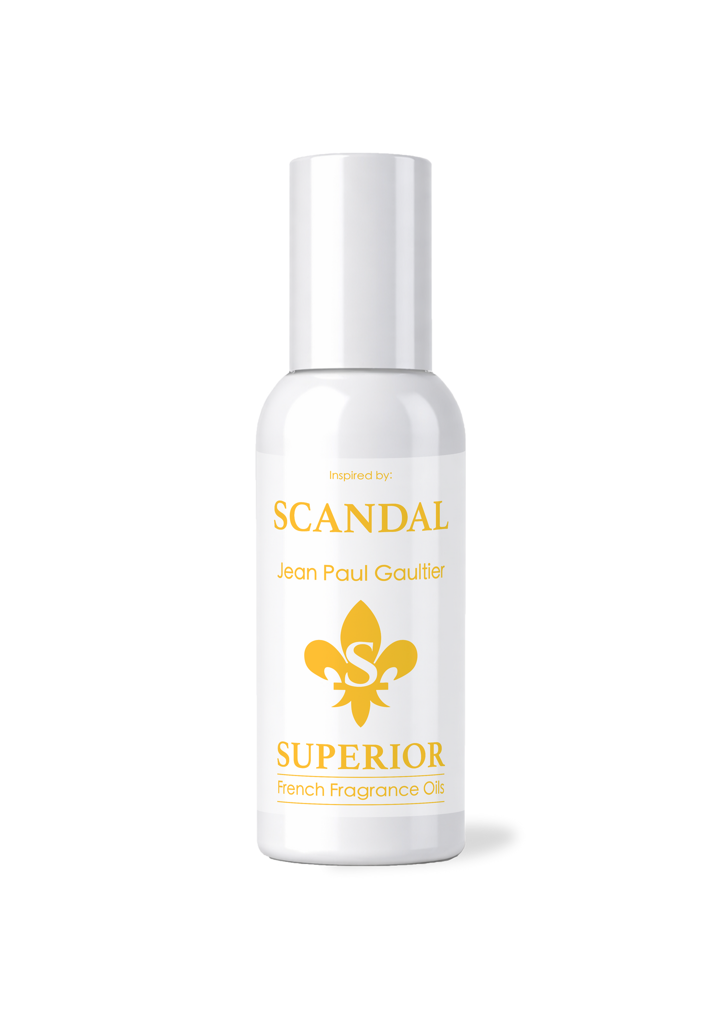 White bottle of 'Scandal' perfume with gold text and logo on a white background