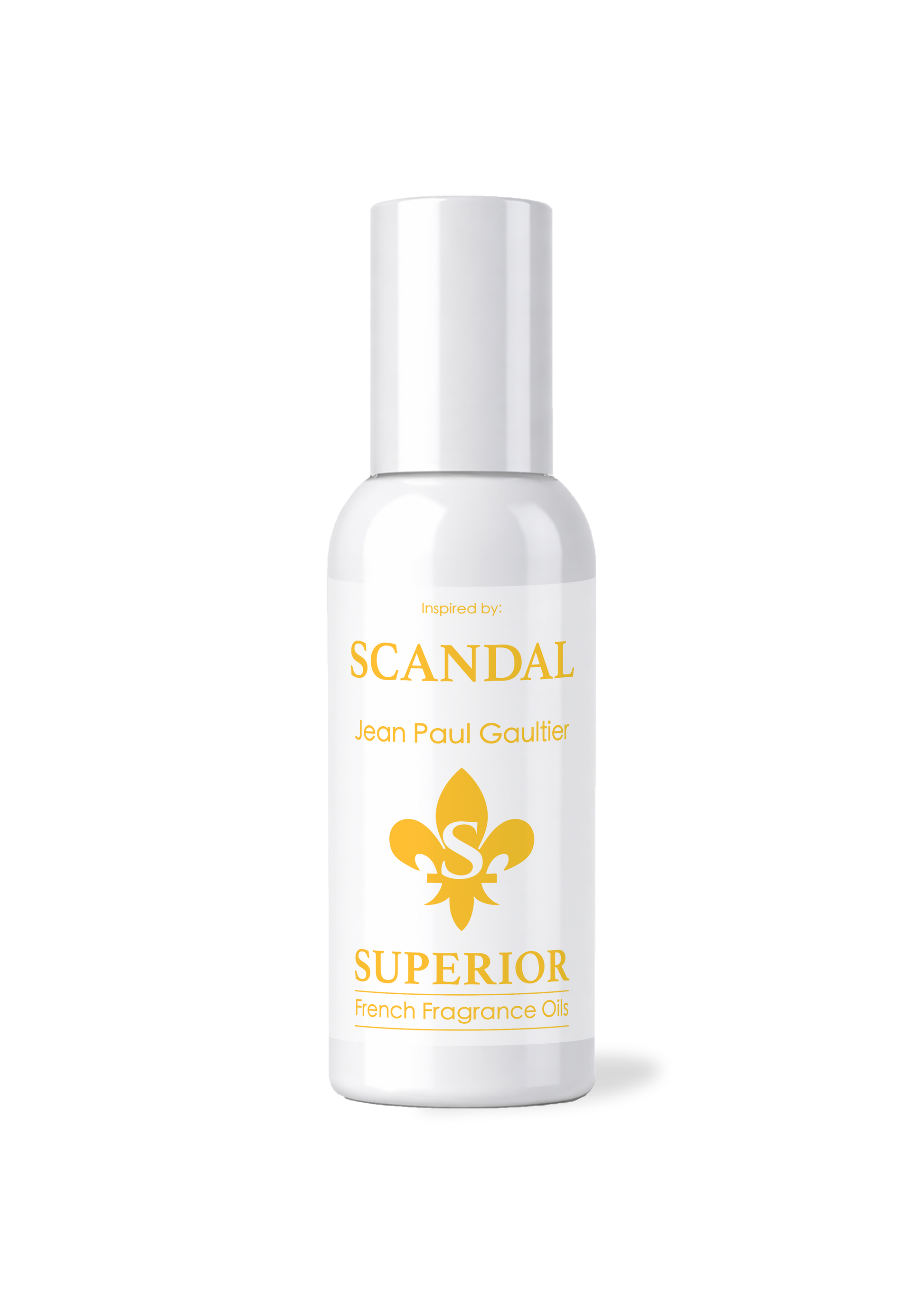 White bottle of 'Scandal' perfume with gold text and logo on a white background