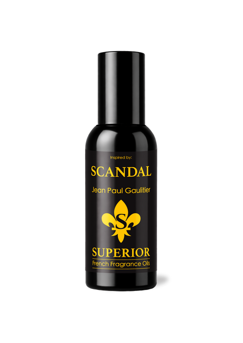 Black bottle of Scandal Superior French Fragrance Oil on a white background