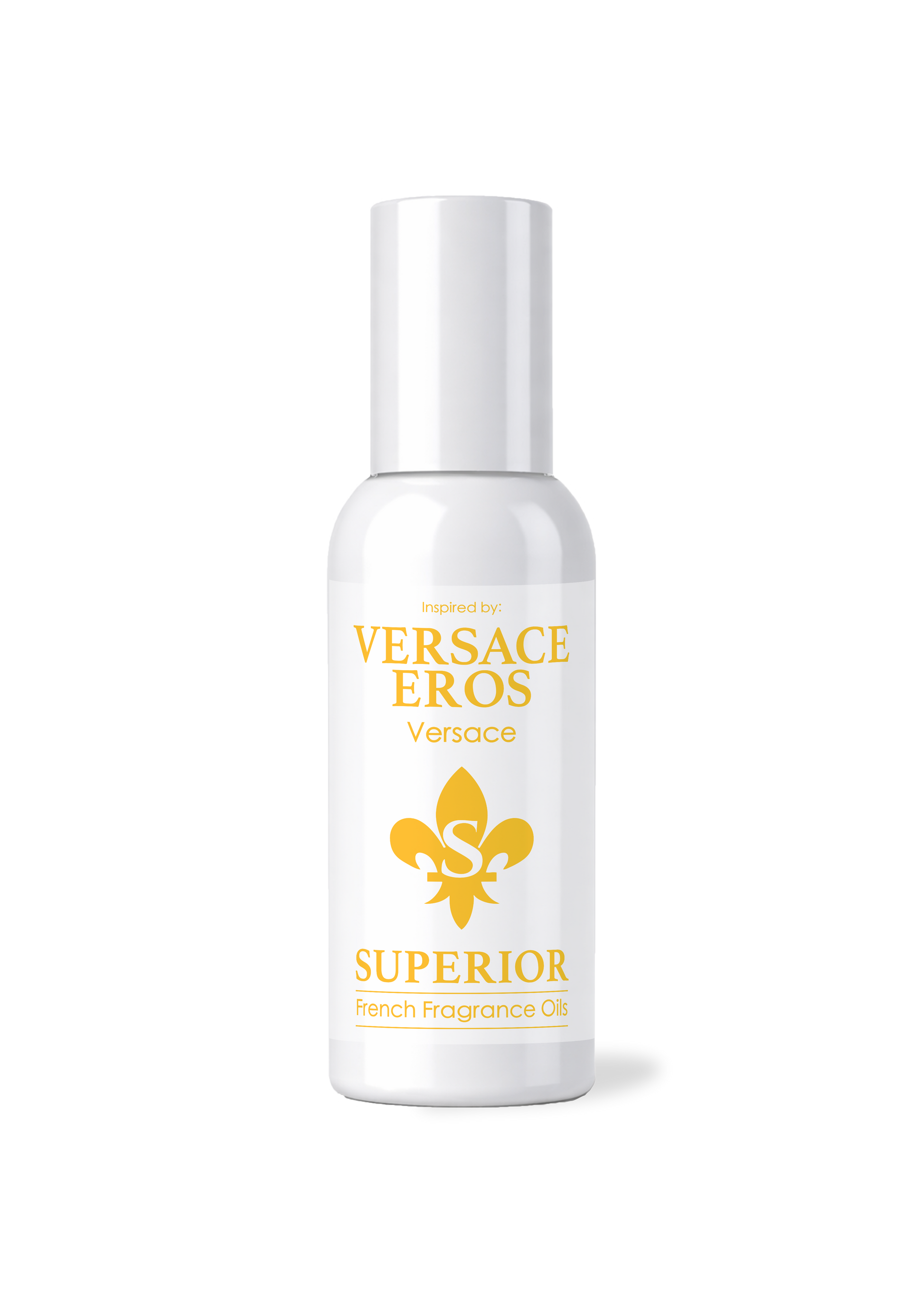 White bottle of 'Versace Eros' perfume with gold text and logo on a white background