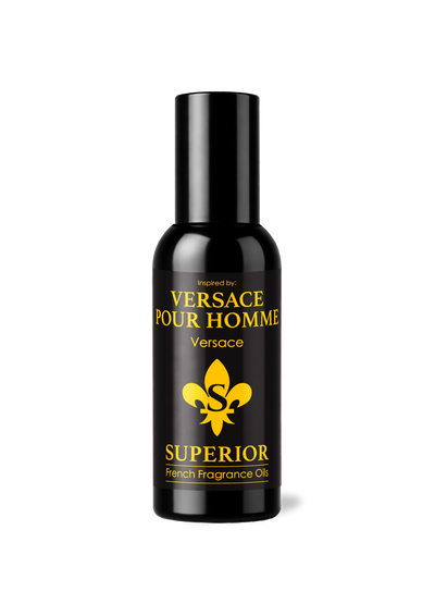 Bottle of Versace Pour Homme Superior French Fragrance Oil on a white background