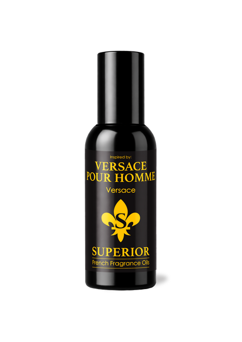 Bottle of Versace Pour Homme Superior French Fragrance Oil on a white background